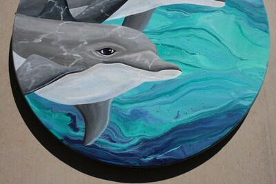 Dolphin painting on wood, ocean themed art, beach house decor, acrylic paint pour, fluid art - image3